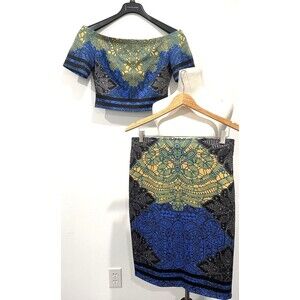 Jealous tomato Blue Bright Multicolor Floral Off Shoulder Crop Top Skirt Set L